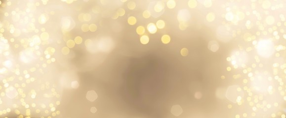 Festive abstract Christmas bokeh background - golden  bokeh lights beige - New Year, Anniversary, Wedding, banner

