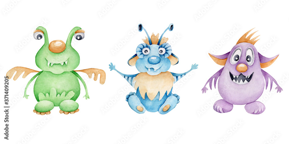 Obraz premium Hand drawn watercolor monsters collection.Cute kids illustration.Cartoon character