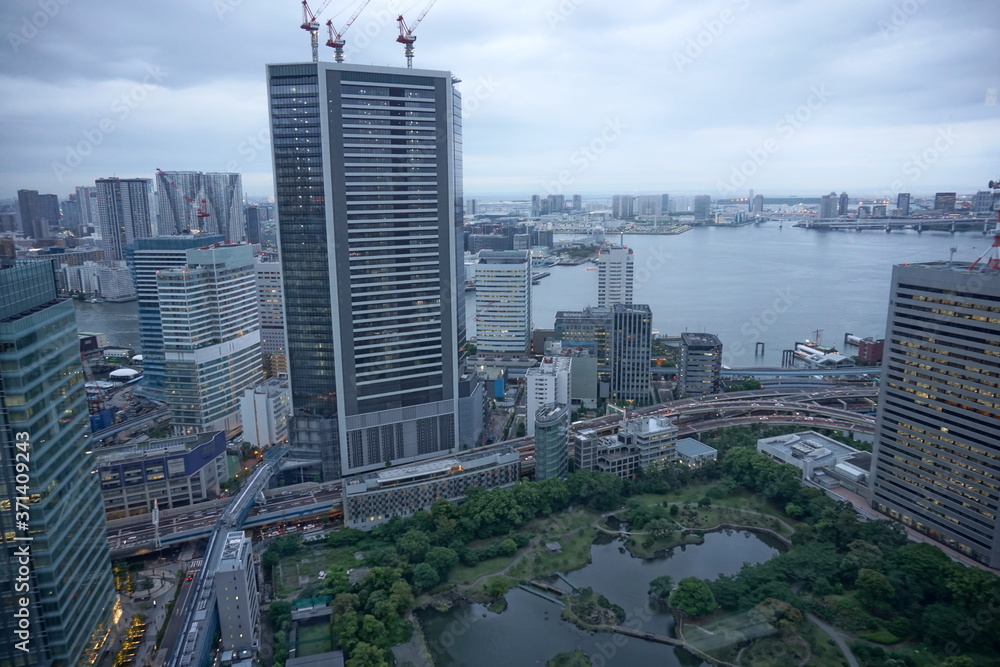 urban city skyline aerial view under cloudy sky in Tokyo, Japan