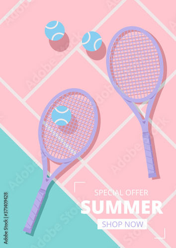 Cute pastel colors concept tennis rackets and tennis balls on court floor