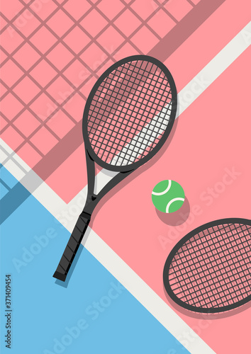 Cute pastel colors concept tennis rackets and tennis balls on court floor
