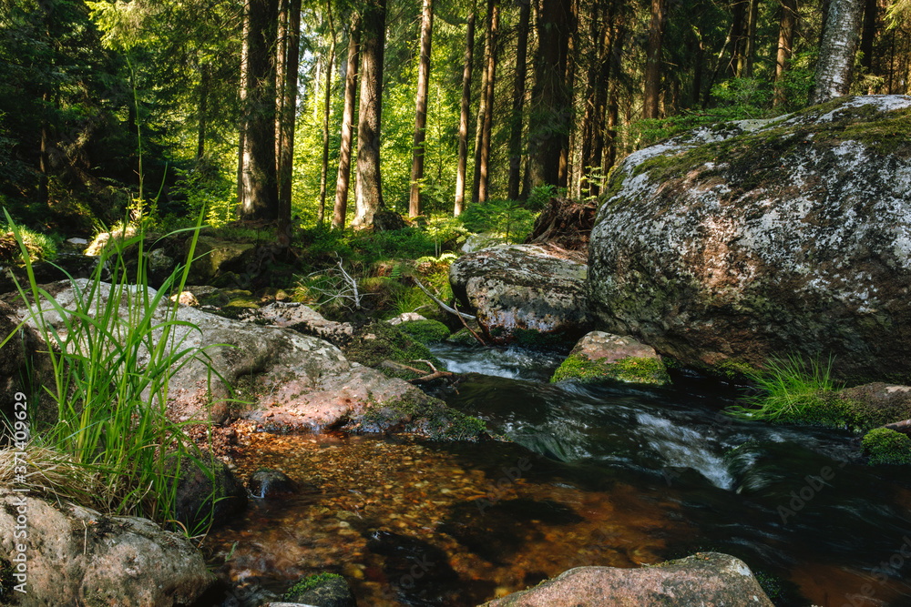 water of the river Weißer Main flows through a creek bed with stones in the Fichtelgebirge water of the river Weißer Main flows through a creek bed with stones in the Fichtelgebirge