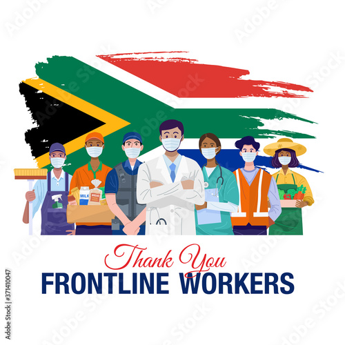 Thank you frontline workers. Various occupations people standing with flag of South Africa. Vector