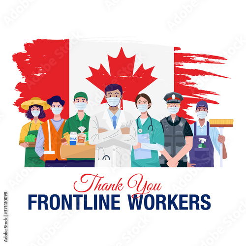 Thank you frontline workers. Various occupations people standing with flag of Canada. Vector