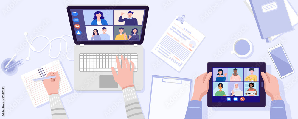 Top view of two people having video conference on tablet and notebook with his friends at home. Vector