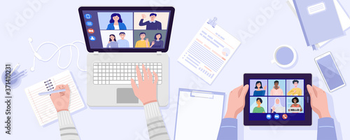 Top view of two people having video conference on tablet and notebook with his friends at home. Vector