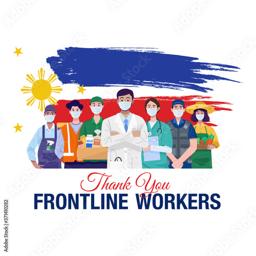 Thank you frontline workers. Various occupations people standing with flag of the Philippines. Vector