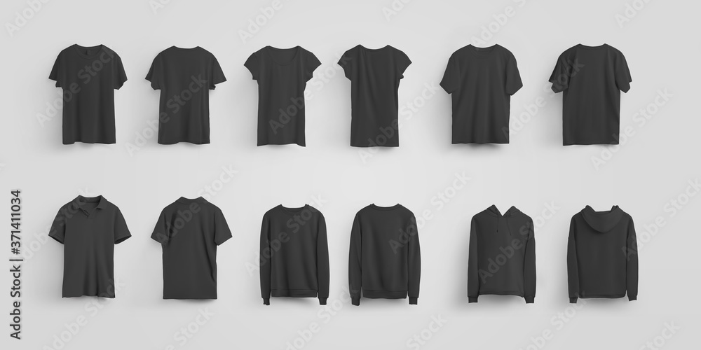 Fototapeta premium Unisex black clothing mockup, on a background with shadows, front and back, t-shirt, polo, sweatshirt, hoodie, pullover, for presentation of design and pattern.