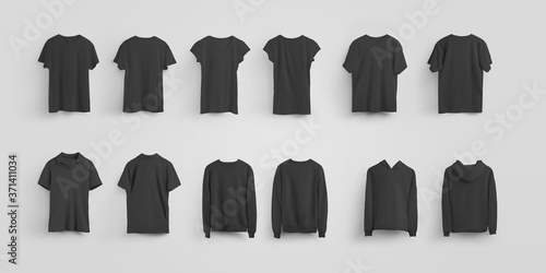 Unisex black clothing mockup  on a background with shadows  front and back  t-shirt  polo  sweatshirt  hoodie  pullover  for presentation of design and pattern.