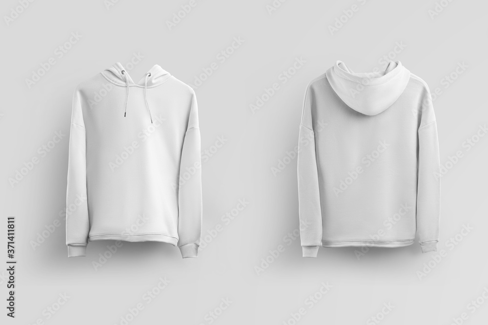 White hoodie mockup with shadows on the background, front, back view, for presentation of design and pattern. White hoodie mockup with shadows on the background, front, back view, for presentation of design and pattern.