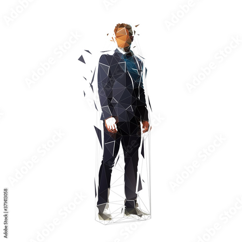 Business man standing; low polygonal vector illustration. Side view. Triangle shape. Geometric business people