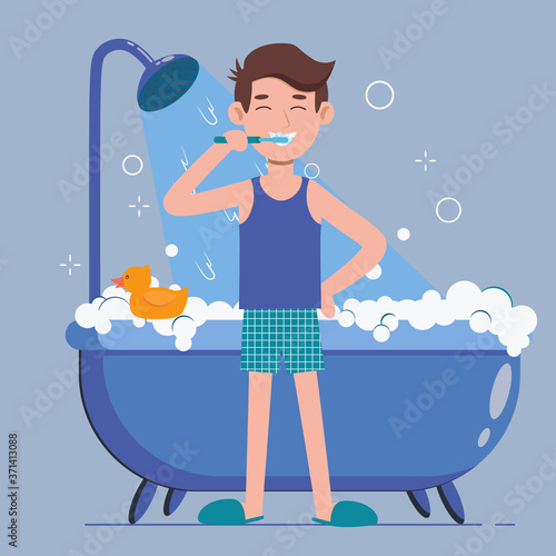Young man brushing teeth in a bathroom. Oral hygiene, care of dental health. Vector flat cartoon character illustration on violet background.