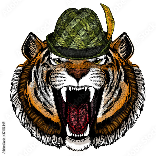 Tiger portrait. Austrian bavarian tirol hat. Beer festival. Oktoberfest. Wild cat head.