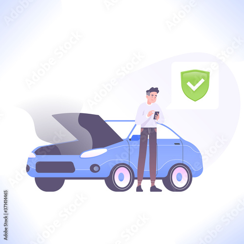 Car insurance concept. Young man calling insurance service because of car crash or engine breakdown. Concept of automobile safety, vector illustration