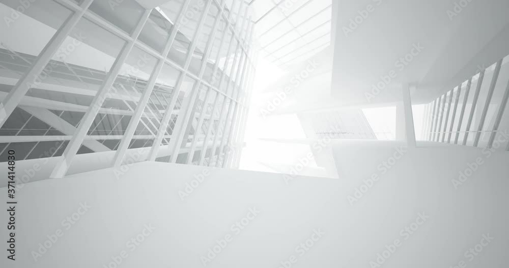 Abstract architectural background. Flying on a white minimalistic interior. Futuristic modern space. Bright neon lighting. 3D animation and rendering. Abstract architectural background. Flying on a white minimalistic interior. Futuristic modern space. Bright neon lighting. 3D animation and rendering.