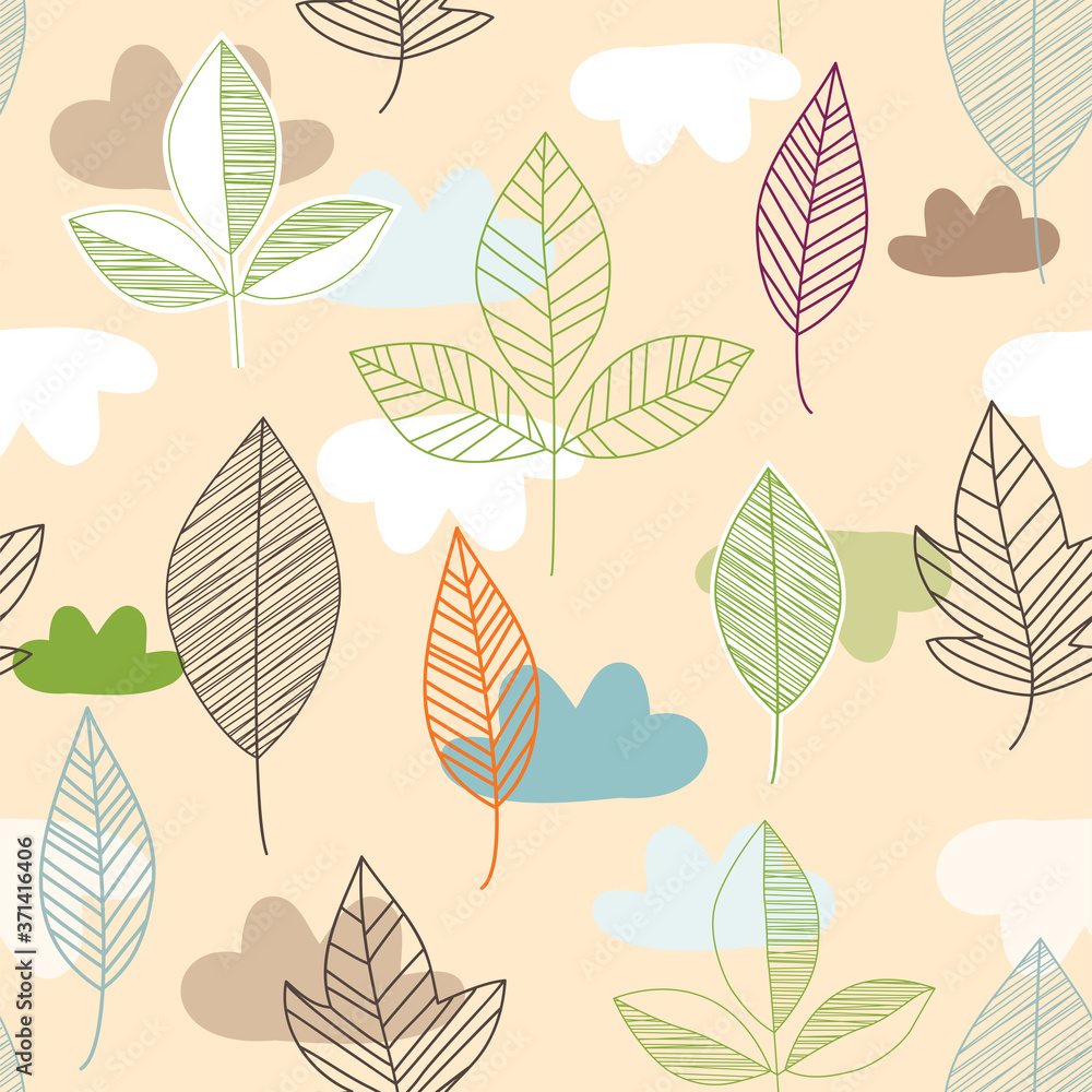 Beautiful vector illustration of leaves pattern. Floral organic background. Pastel Color