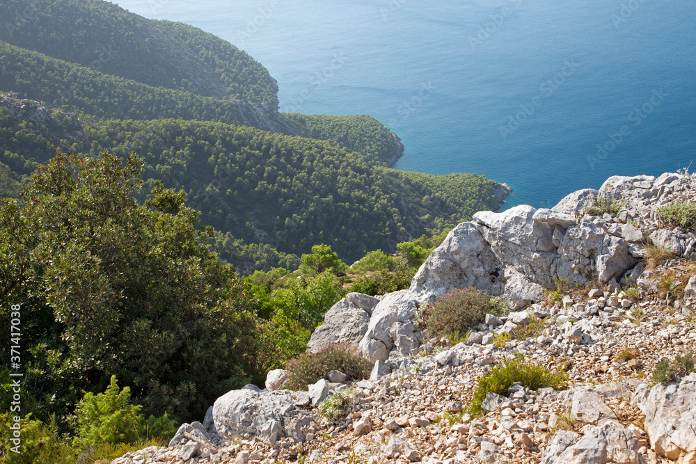 Croatia - The wild landscape and the coast of Peliesac peninsula near Zuliana from Sveti Ivan peak.
