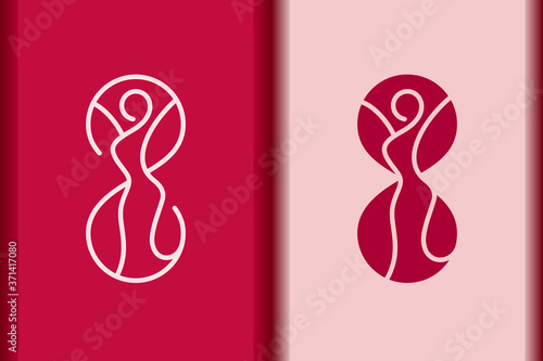 International Women's Day logo minimal design element.Creative 8 March symbol concept with stylish pink.Beauty relaxation and health body line woman silhouette for Spa,fashion,wellness icon vector.