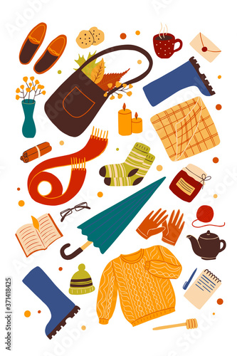 Set of colorful autumn elements isolated on white background. Sticker pack.