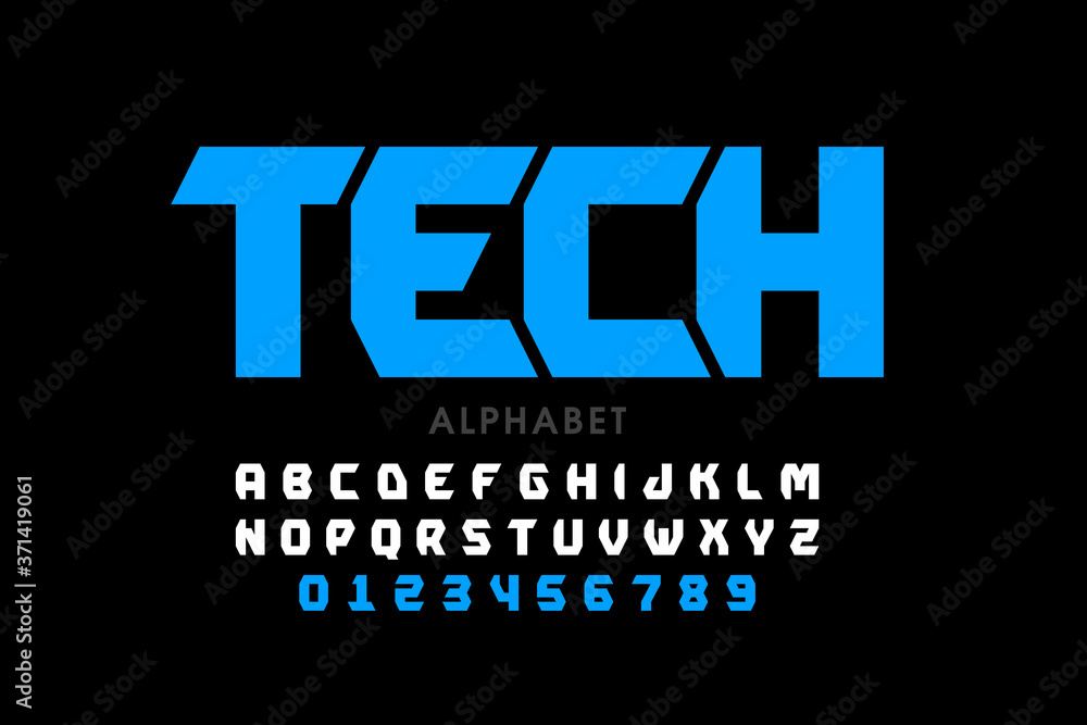 Technology style font, science alphabet, letters and numbers Technology style font, science alphabet, letters and numbers