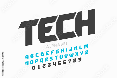 Technology style font, science alphabet, letters and numbers