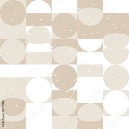 Modern vector abstract seamless geometric pattern with semicircles, squares and circles in retro scandinavian style. Pastel colors shapes with worn out texture on white background.