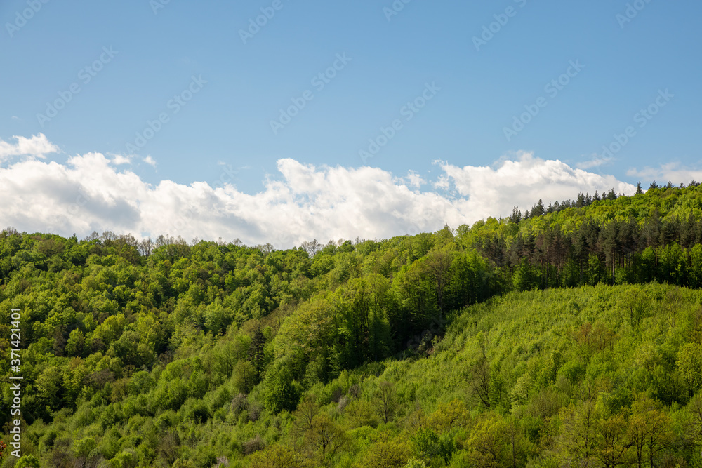 Scenic green rolling hills against the blue sky with clouds.