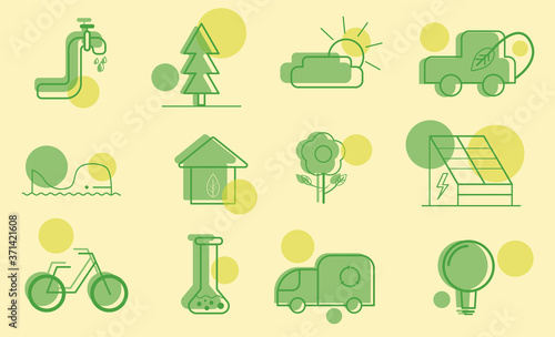 Set of ecology icons with green outline and element  modern minimalism style with energy  reuse and electricity. Eps 10 stock vector