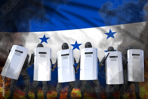 Honduras protest fighting concept, police squad in heavy smoke and fire protecting order against riot - military 3D Illustration on flag background
