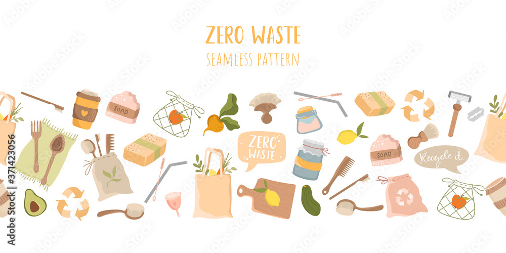 Reusable eco products. Zero waste life style doodle illustration on white background. Seamless vector pattern.