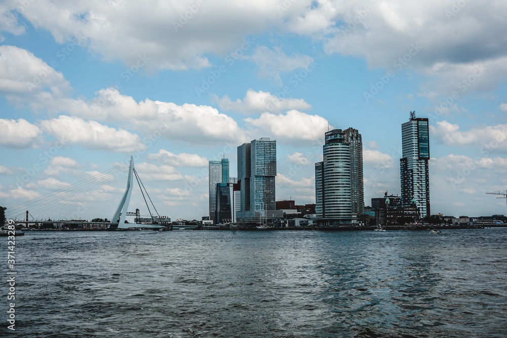 unique Erasmusbrug Bridge and the Skylines in Rotterdam