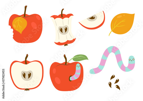 Set of worms and apples isolated on a white background. Vector graphics.