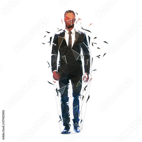 Business man walking; low polygonal vector illustration. Side view. Triangle shape. Geometric business people