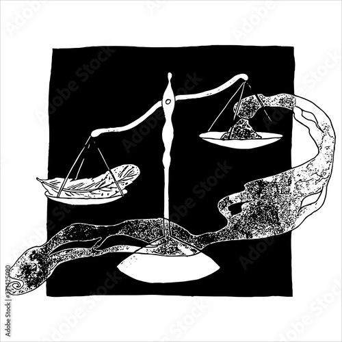 Magic scale with powder of lightness with smoke and feather on dark square background. Pair of scales measure weight of sorcerous flour with fume. Equipment of witch or wizard house. Black and whit