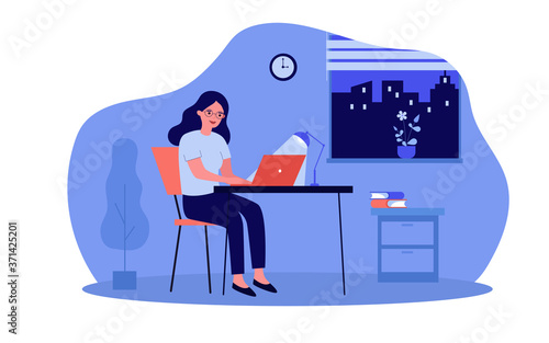 Woman working at night. Female freelance designer at workplace with laptop at home. Vector illustration for freelancer, overwork, deadline, student concept