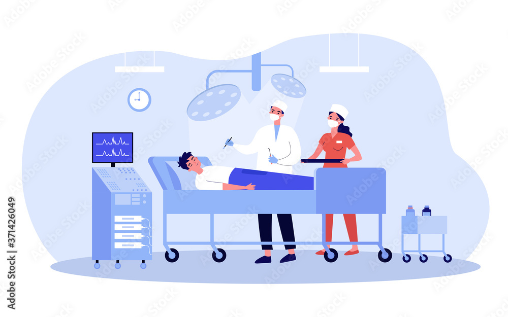 Surgeon and assistant operating on patient. Doctors in masks with surgical tools standing near sleeping man in operating room. Vector illustration for medicine, surgery, job concept