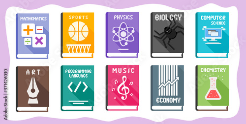 School Subject Textbooks Set with Illustrative Cover. Library & Reading Material Element. Math, Sport, Physic, Biology, Computer Science, Art, Programming Language, Music, Economy & Chemistry Book