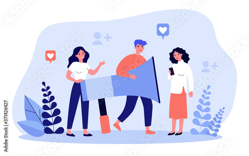 Social media users sharing information about referrals. People with megaphone using gadgets and giving likes. Vector illustration for announcement, influencer marketing, refer a friend concept.