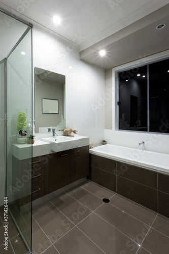 A luxury modern bathroom interior design view