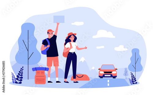 Happy tourist couple hitchhiking on road. Man and woman with backpacks standing on roadside and thumbing for ride. Vector illustration for hitchhikers, lifestyle, road trip, travel by car concept