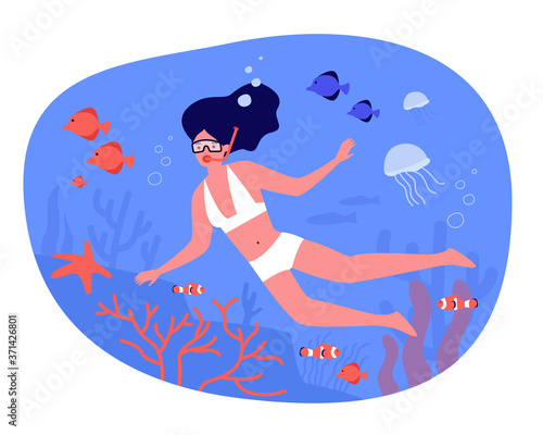 Woman in swimsuit and scuba diving mask snorkeling and watching ocean life with fish and reef. Vector illustration for beach activity, vacation by sea, underwater swimmer concepts