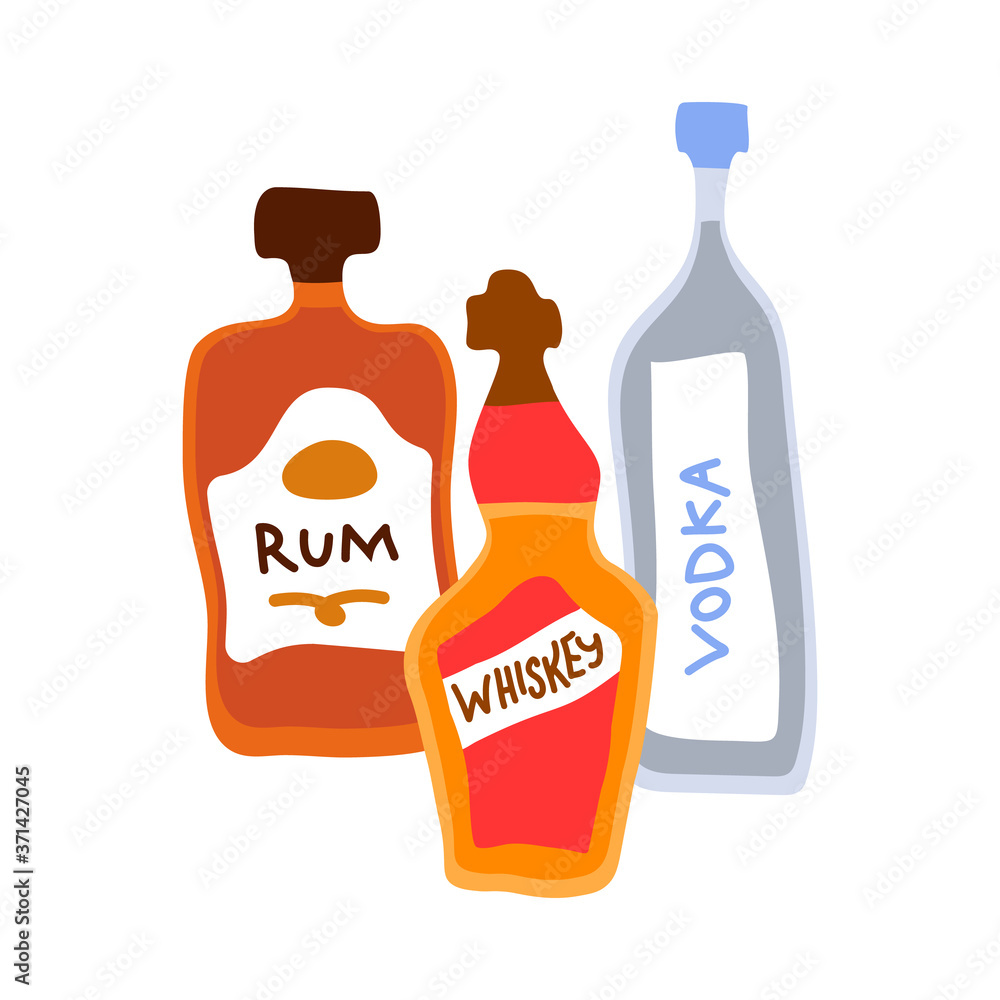 Collection of bottles of strong alcohol. Vodka, rum and whiskey. Party drinks concept. Hand draw cartoon isolated illustration on white background. Doodle line graphic design. Freehand drawing style Collection of bottles of strong alcohol. Vodka, rum and whiskey. Party drinks concept. Hand draw cartoon isolated illustration on white background. Doodle line graphic design. Freehand drawing style