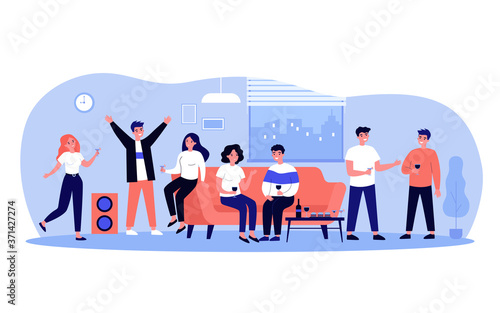 Friends enjoying student party in apartment. Crowd of cheerful young people dancing, chatting, drinking wine and having fun at home. Vector illustration for leisure, celebration, event concept