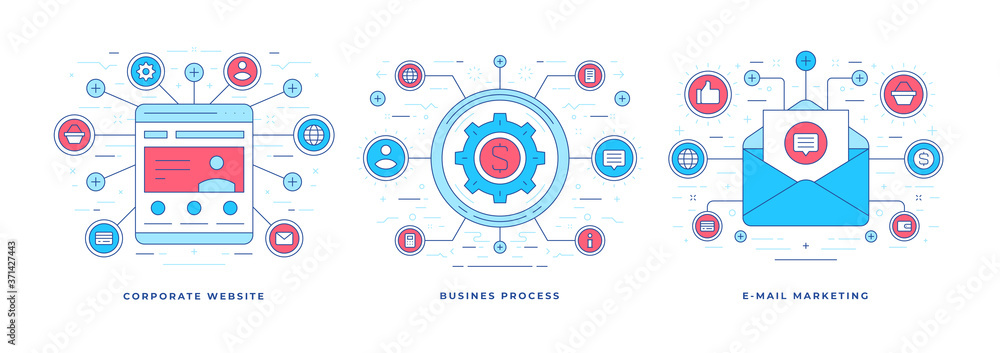 Set of vector illustrations graphic linear banners with icons for online solutions for successful business marketing Set of vector illustrations graphic linear banners with icons for online solutions for successful business marketing