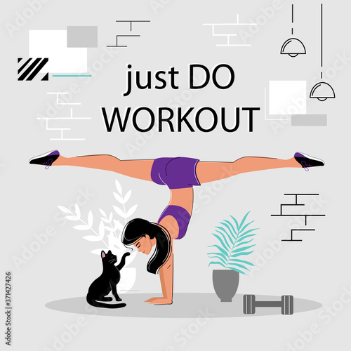 A young girl is training at home with a cat. Workout classes in the apartment. Quarantined Sports