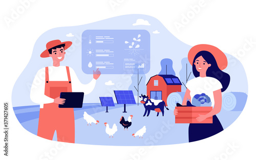 Smart technology and farming concept. Farmers with harvest analyzing air temperature, humidity and weather interactive charts. For data analysis implementation, automation, agriculture topics
