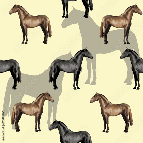 seamless background of realistic figures of horses, on a yellow background for packaging, postcards, notebooks, fabrics