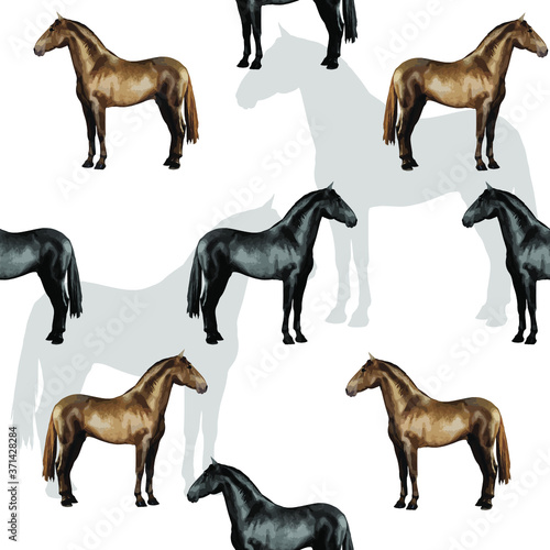 seamless background of realistic figures of horses, on a white and colored background for packaging, postcards, notebooks, fabrics