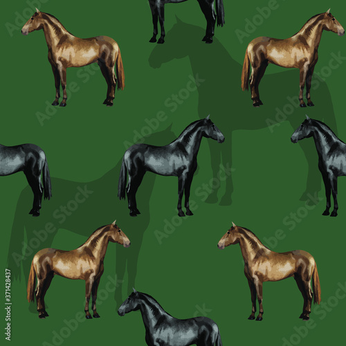 seamless background of realistic figures of horses, on a green background for packaging, postcards, notebooks, fabrics
