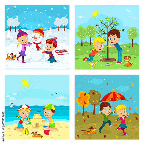 kids,boy and girl and four seasons, illustration,vector